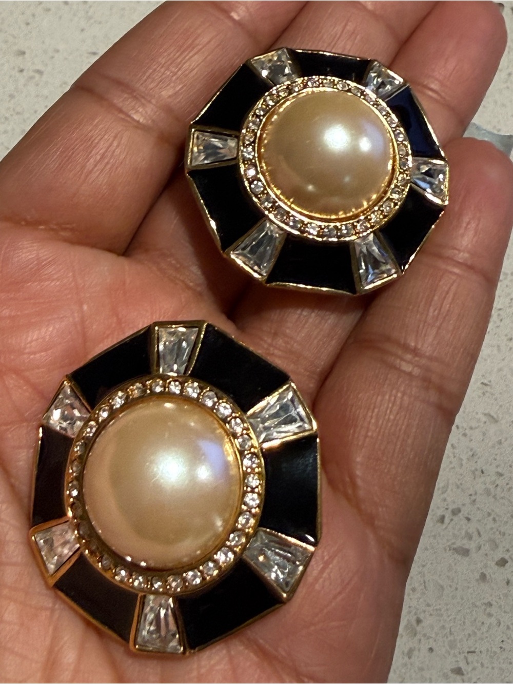 Vintage signed St John Gold Pearl and Black Enamel Statement Earrings